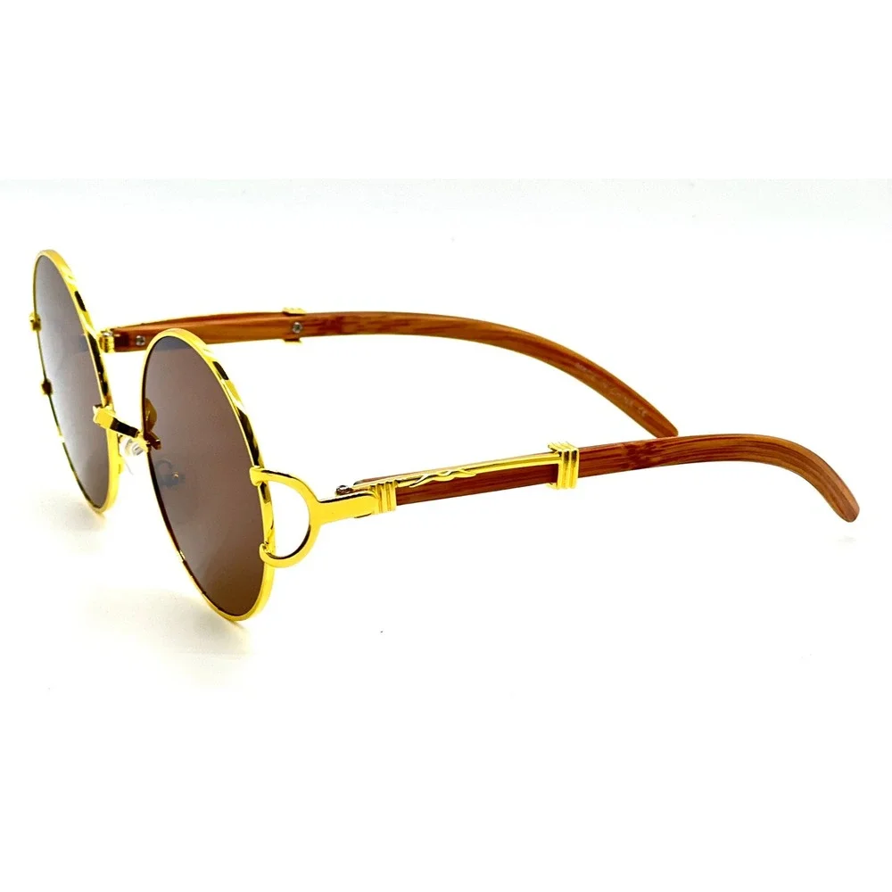 Round Sunglasses Gold Frame Wood Temple‎ Men's Fashion Statement Street Wear Rap